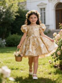 Young Girl' Elegant Floral Jacquard Petal Sleeve Party Dress, Princess Dress For Birthday, Vacation, Wedding, Easter, Gathering - 金色 - 查看 1