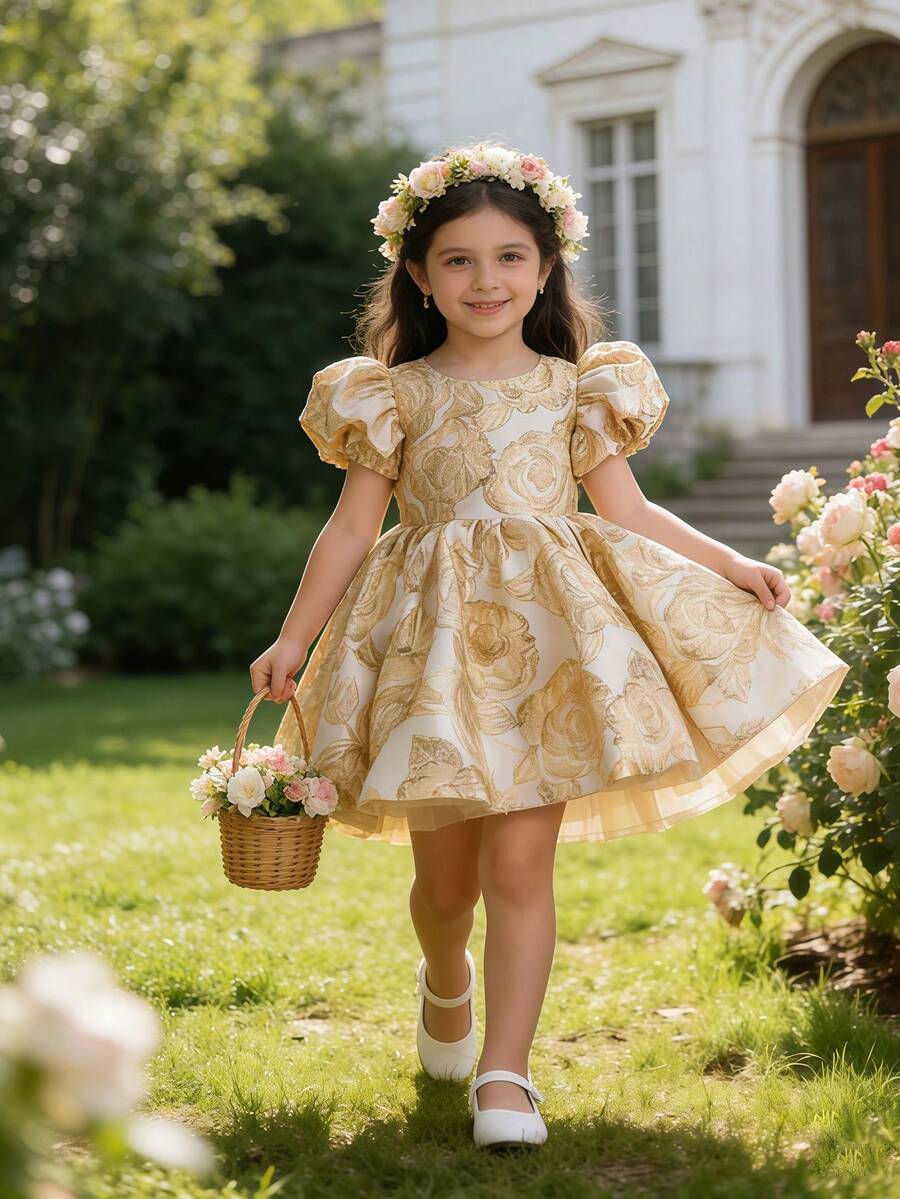 Young Girl' Elegant Floral Jacquard Petal Sleeve Party Dress, Princess Dress For Birthday, Vacation, Wedding, Easter, Gathering - 金色 - 查看 1