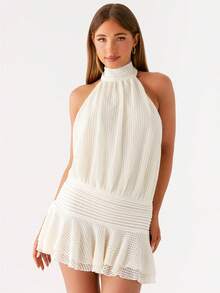 Women's Pleated Waist Sheer Mesh Ruffle Mini Dress Summer Casual Halter Neck High Neck Bodycon Short Dress Self-Tie Backless Sundress Party Clubwear - 象牙白 - 查看 2