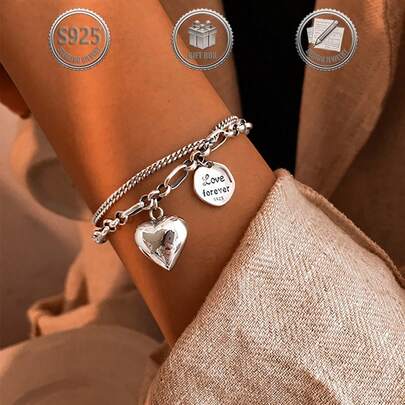 1pc Vintage Elegant Sweet 925 Silver Hypoallergenic Heart Pendant Engraved Round Tag Double Layer Chain Design Bracelet For Women, Suitable For Daily, Party, Holiday, Date, Gift