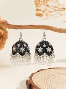 1 Pair Fashionable Earrings, Elegant Bohemian Style Rhinestone Carved Flower Design, Faux Pearl Tassel Drop Jhumki Earrings, Suitable For Women & Girls Daily Wear, Festivals, Weddings And Parties/Jewelry Gift - Classic - View 6