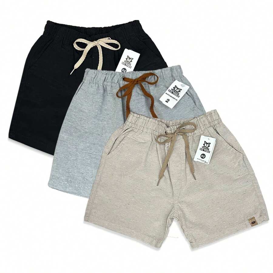 Set Of 3 Premium Linen Shorts For Children And Teens, Bermuda Style, Sizes 2-16 - 灰色 - 查看 1