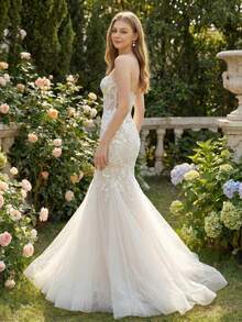 YOUKEFEIER [2025 New] Strapless Mermaid Wedding Dress, Sheer Mesh, Waist-Cinching Silhouette, Trailing Design, Bridal Gown/Reception Dress, Suitable For Wedding Ceremony & Evening Banquet - Beige - View 3