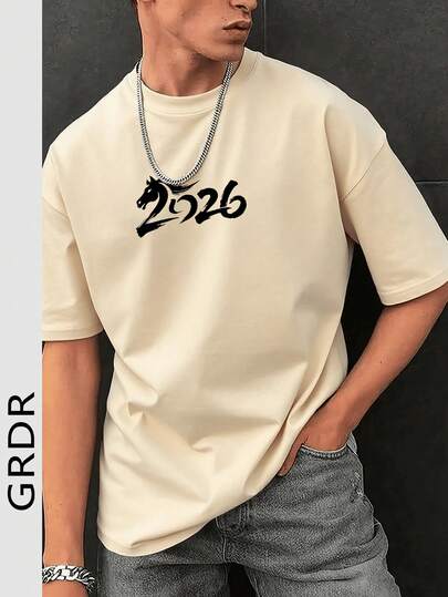  GRDR 极简主义 2026 新年马图腾印花短袖T恤，适合夏季穿着，舒适透气，引领时尚潮流