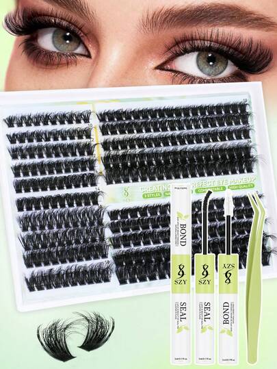 270Pcs D Curl Volumizing 3D False Eyelash Set 10-18mmKit DIY Individual False Simple Operation With Eyelash Bond & Seal Eyelash Tweezer Home Beauty Kit (60+80+100P 10-18mm Kit) Everyday Date Look