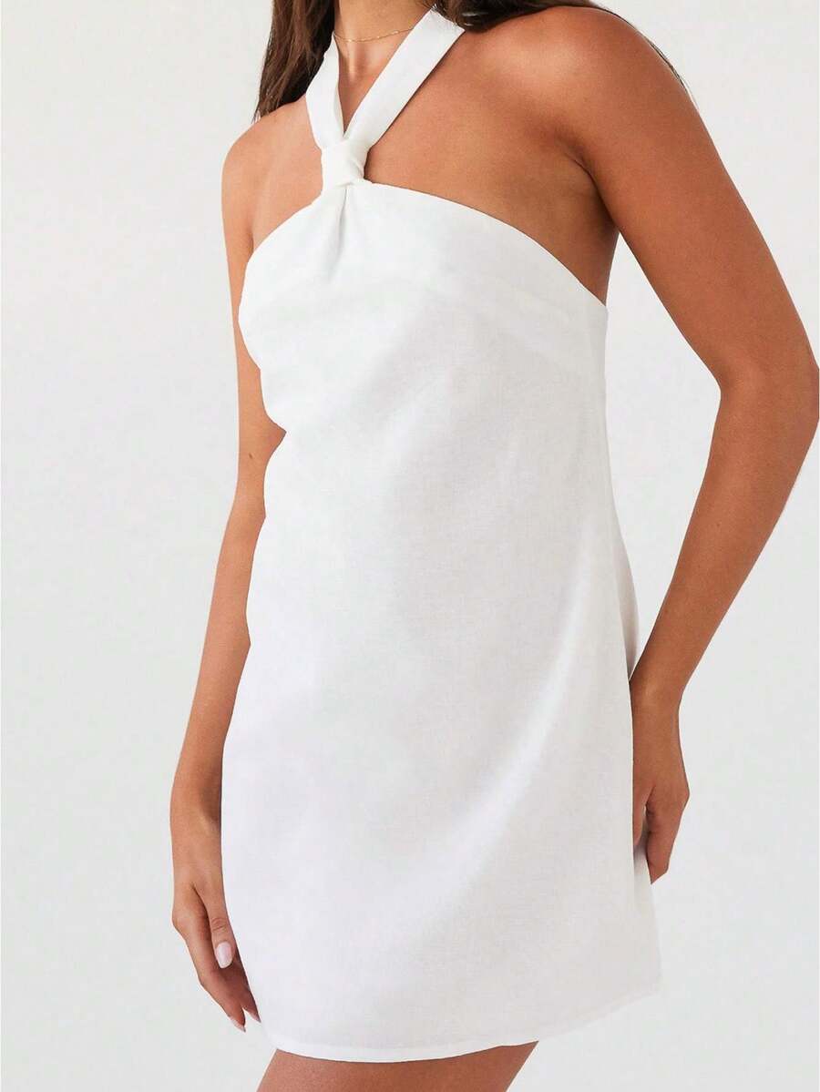 Women Mini Dress Solid Color/Floral Print Halter Neck Backless Dress Summer Fashion Sleeveless Casual Dress - 白色 - 查看 1