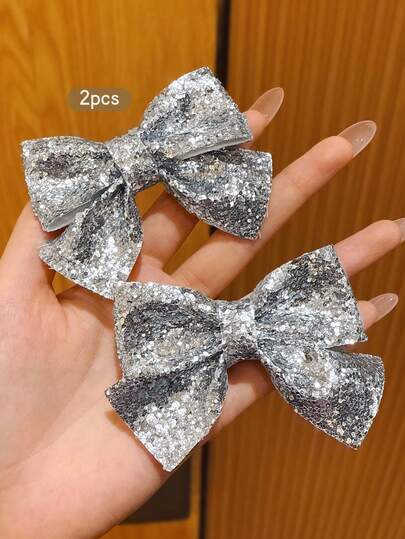 2个银色蝴蝶结发夹，甜美时尚的日常发饰