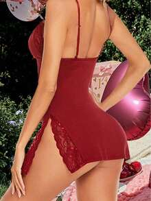 1pc Sexy Lace Trimmed Milk Silk Nightgown, Comfortable Lingerie For Going Out - 紅色 - 查看 5