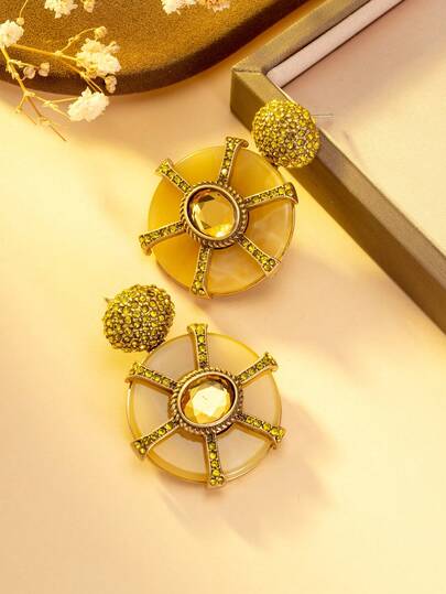 一对复古黄玉圆盘全钻耳环，奢华小众设计耳环