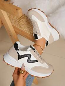 女士春秋季白色低帮运动鞋，轻便防滑低跟圆头透气系带休闲户外运动鞋，舒适系带运动鞋 - 轻便多功能休闲鞋，适合所有季节，防滑橡胶鞋底 - 白黑 - 查看 2