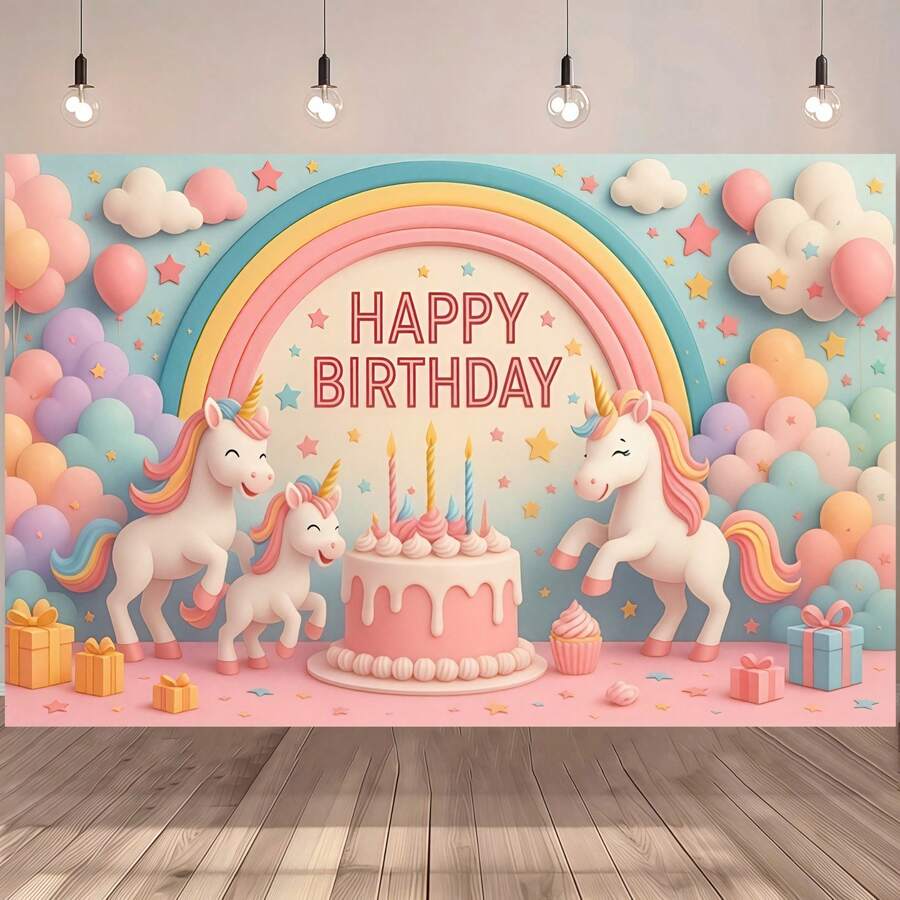 2D平面背景布,1片装,生日快乐独角兽主题背景布 - 可爱的彩虹独角兽图案,带有气球、礼物和蛋糕图案,适合室内外派对装饰、独角兽主题生日装饰、家庭活动、拍照道具、礼物,活动策划必备。 - 多色 - 查看 1