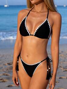2026新款时尚优雅休闲扭结露背系带比基尼两件套，适合海滩和派对穿着 - 黑色 - 查看 1