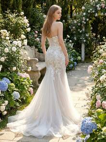 YOUKEFEIER [2025 New] Strapless Mermaid Wedding Dress, Sheer Mesh, Waist-Cinching Silhouette, Trailing Design, Bridal Gown/Reception Dress, Suitable For Wedding Ceremony & Evening Banquet - Beige - View 10