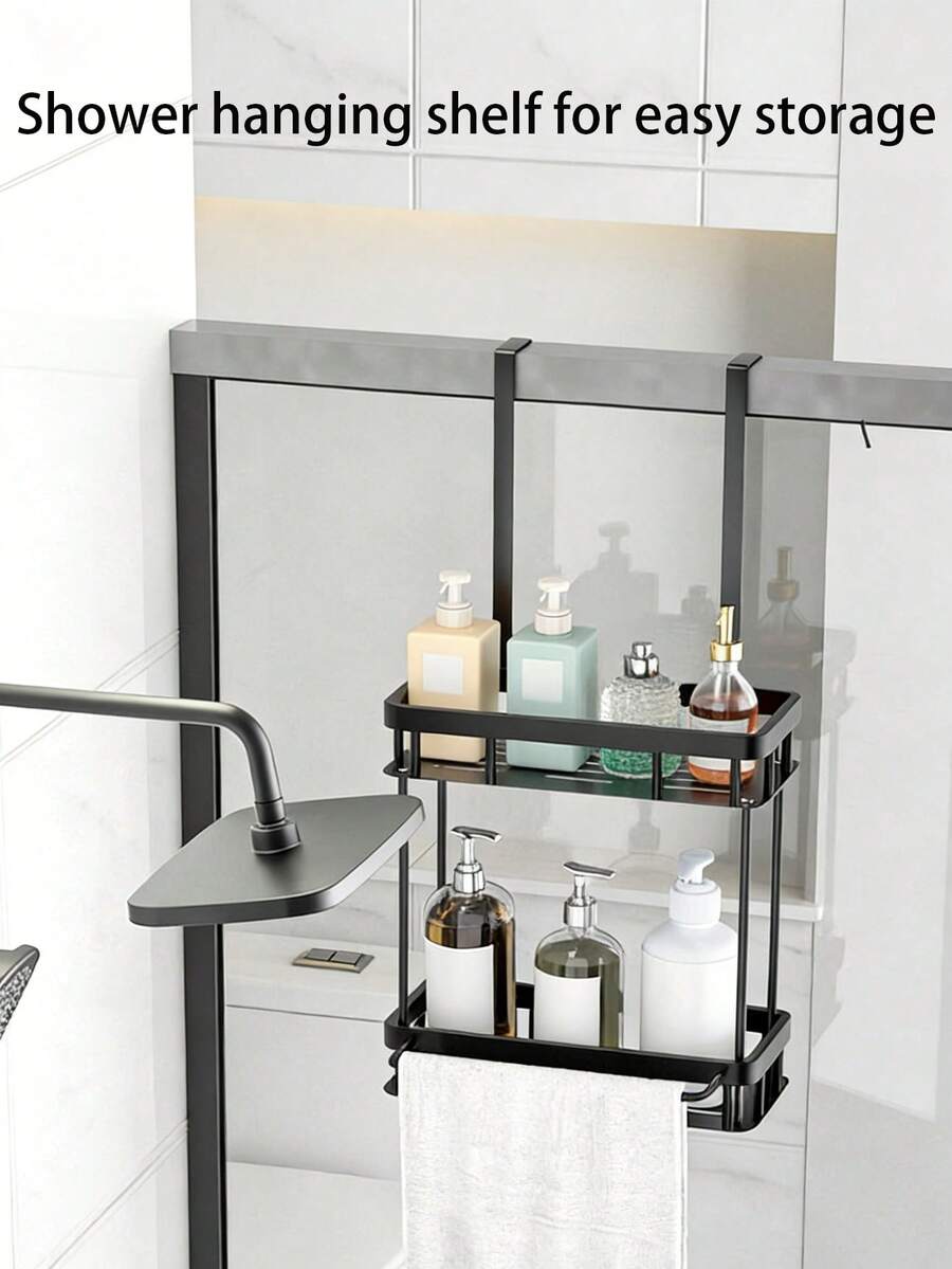 Giá treo đồ dùng nhà tắm gắn trên cửa – Kệ treo không cần khoan với 2 tầng chứa đồ và thanh treo khăn, lý tưởng để đựng dầu gội, dầu xả và các vật dụng cần thiết khi tắm, dễ dàng lắp đặt mà không làm hỏng tường, hoàn hảo để tối đa hóa không gian trong phòng tắm và vòi sen.
