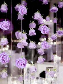 21个紫色玫瑰花环挂钩，20朵紫色玫瑰+500厘米透明线，DIY花卉窗帘材料人造丝花悬挂装饰 - 适用于婚礼拱门、婴儿派对、新娘派对、花束、房间装饰、家居花园春夏婚礼派对拱门墙面装饰、派对中心装饰和天花板装饰、漂浮花卉墙面悬挂装饰、DIY爱好者礼物生日毕业情人节 - 紫色 - 查看 3