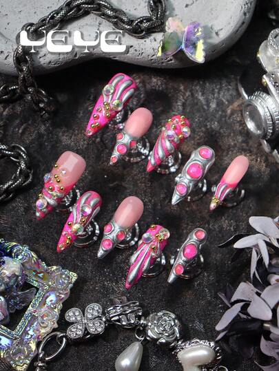 10pcs Women Hot Pink Fake Rhinestone Nails,Pink,Nude Base,French Tips, 3d Three-Dimensional Decoration Laser Element, Full Coverage Press On Nails Acrylic Stiletto Set, Nail Supplies Art For Women And Girls Vanity ,Including 1pc Mini Nail File & 1 Sheet Adhesive Tabs,Nail Art Suitable For Festivals, Daily, Work, Party,New Year,Gatherings And Other Places