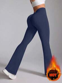 Speed mate Coffee High-Waisted Wide-Leg Women's Wool Thermal Lined Yoga Flare Pants, Warm & Suitable For Dance In Winter - Navy Blue - View 3