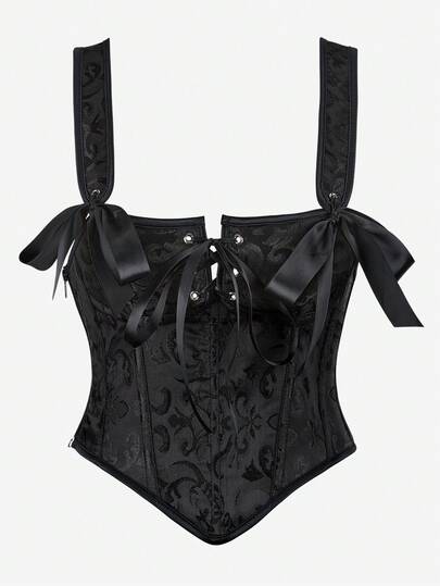 Áo corset đen dệt jacquard thắt dây, dây mảnh, vai rộng, kiểu bustier ôm eo, thích hợp cho các dịp trang trọng và mặc ngoài.