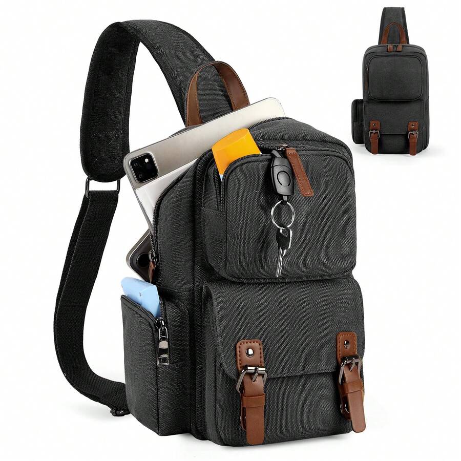 NEWHEY 男士防盗胸包，防水单肩包，适合徒步旅行，黑色/棕色 - 彩色 - 查看 1