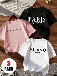 3pcs/Set Tween Girl Casual Printed Round Neck Short Sleeve T-Shirt, Summer Student Clothing - Colorful T-Shirts Bring Joy To Every Child! Tween Girl Graphic Tee Tops, Summer - Pink - View 2
