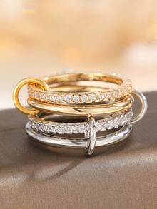 4pcs Luxury Personalized Cubic Zirconia Combination Multi-Layer Adjustable Copper Alloy Rings - 3 Rings - View 16