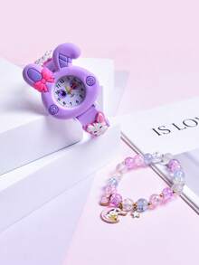 2026 Nuevo Set de 2 piezas, regalo para la amiga de la hija, reloj de estudiante con correa de silicona suave, reloj de cuarzo con conejo de orejas largas y creativo, pulsera de cuentas colorida - Morado - Ver 6