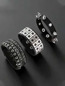 Xiacheng 1/3 chiếc vòng tay da phong cách Punk Rock, phụ kiện trang sức Emo thịnh hành thập niên 80 90 dành cho nữ, vòng tay quấn điều chỉnh được kiểu cổ điển với đinh tán. - màu đen - Xem 9