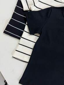 Women's Ribbed Cotton Striped Basic Two-Tone T-Shirt - Casual Autumn/Winter/Summer American Style - NAVY BLUE STRIPED - View 4