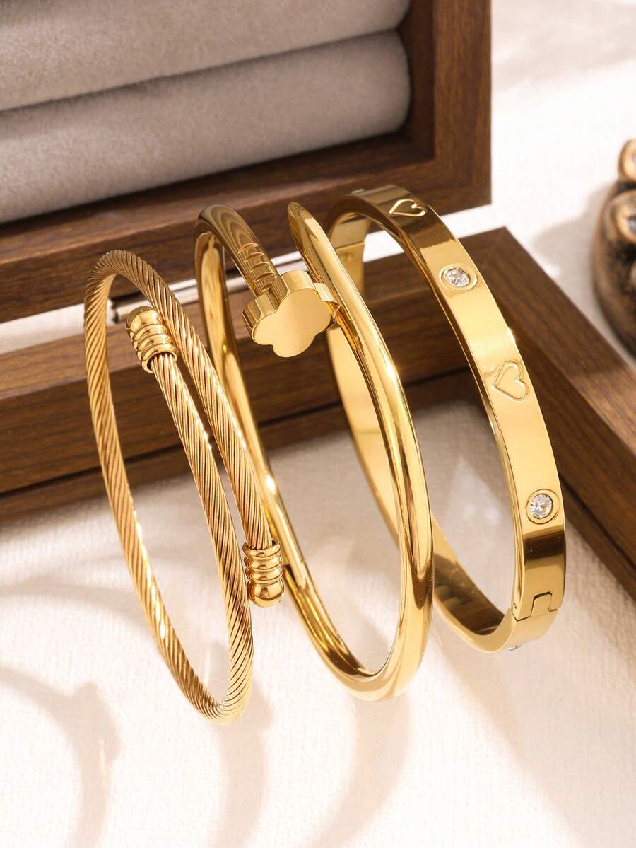New Stainless Steel High Quality Floral Zirconia Women's Bangle Bracelet Set, Suitable For Daily Wear - Gold 12 - View 1