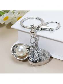1个创意海洋风金属贝壳钥匙扣，适用于包包挂件、汽车钥匙链，闪亮锌合金材质 - 銀色 - 查看 1