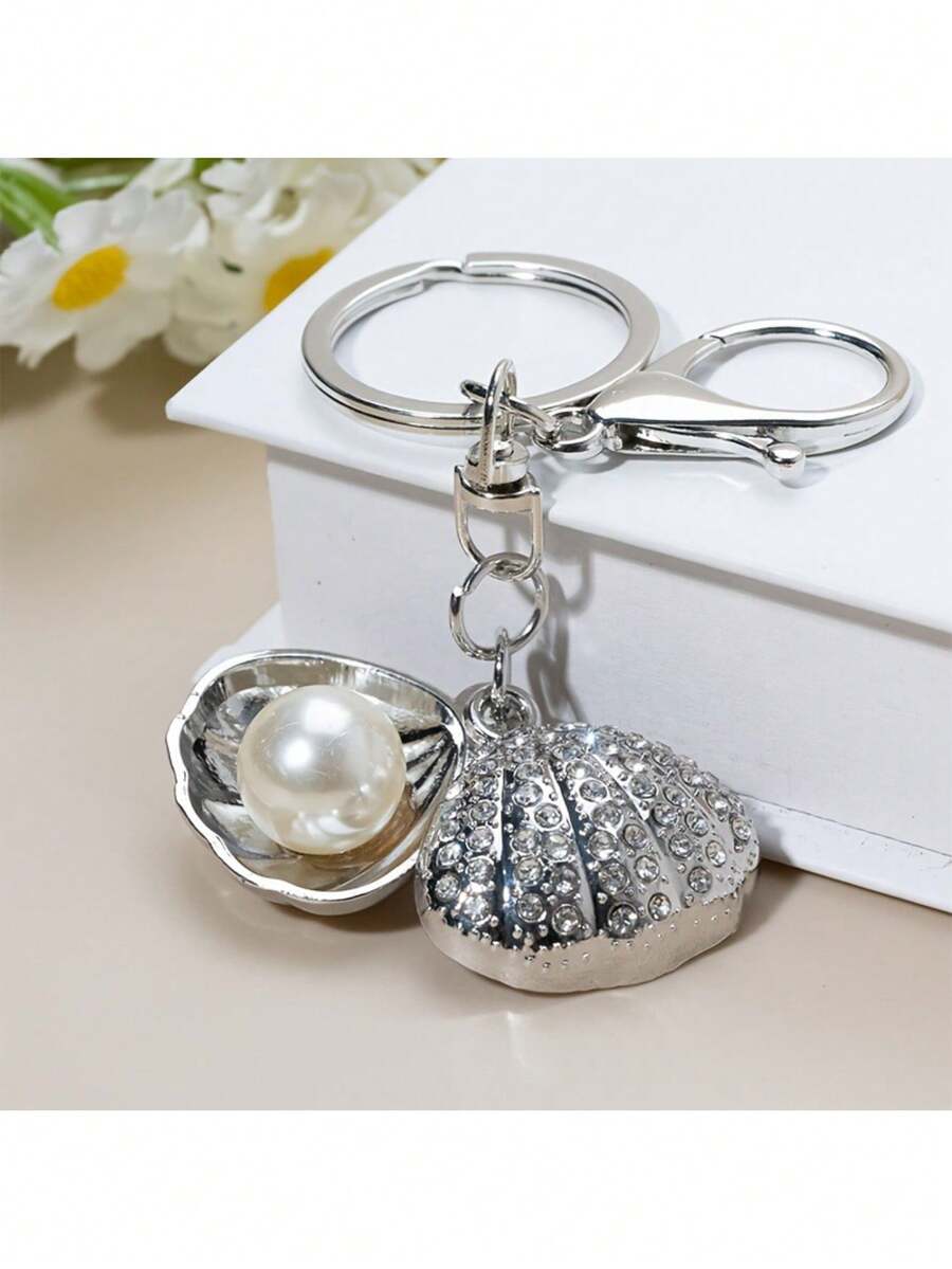 1个创意海洋风金属贝壳钥匙扣，适用于包包挂件、汽车钥匙链，闪亮锌合金材质 - 銀色 - 查看 1