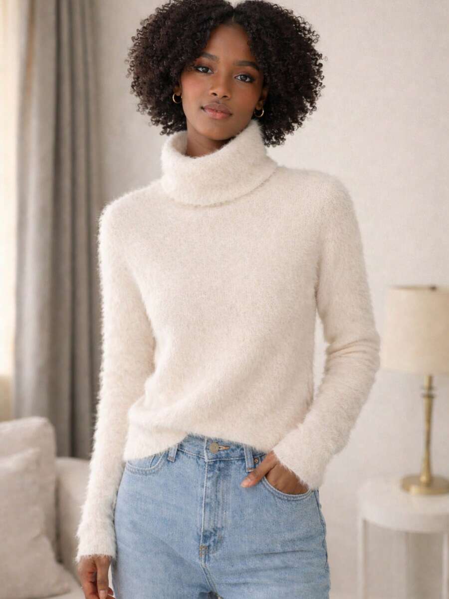 Furry Spotted Turtleneck Rabbit Wool Blouse – Soft, Elegant And Comfortable Rabbit Wool Turtleneck Blouse | Sophistication And Comfort - White - View 1