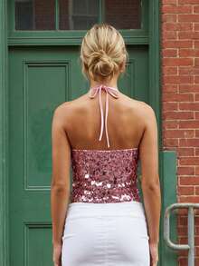 Womens Sequin Halter Tank Tops Summer Solid Color Slim Fit Scoop Neck Backless Vest - Pink - View 6