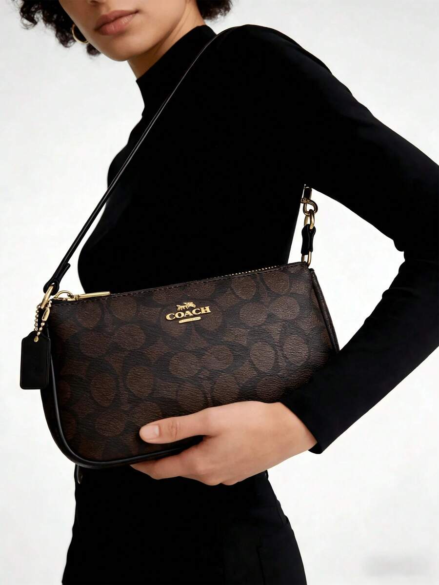 COACH Signature Canvas Shoulder Bag, Zip, Underarm/Clutch. Mixed Smooth Leather & Canvas. Daily Essential. - 查看 1