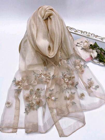 1pc Apricot Blend Shawl With Golden Embroidered Floral Pattern, Versatile Scarf For Women In Autumn/Winter, Suitable As Gift For Mother