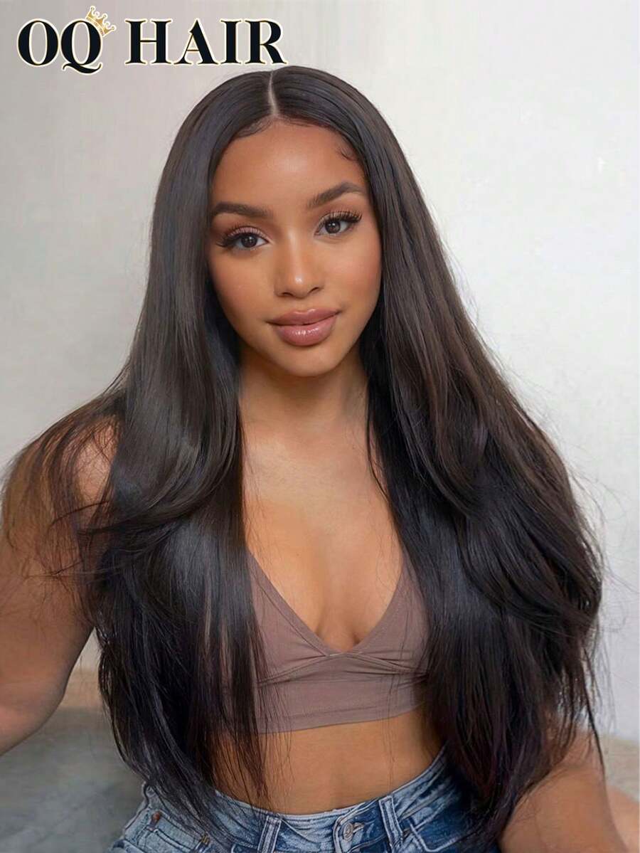 OQ Perucă din păr Remy drept, decolorată, cu densitate 200%, 40-76 cm, perucă cu dantelă frontală de 18 x 13 cm, linie de păr pre-tunsă, culoare naturală, potrivită pentru începători, nu necesită lipici, 100% păr uman, ușoară și confortabilă pentru purtare zilnică, de lungă durată