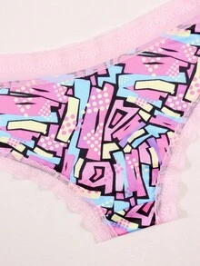 Dircho 3条装性感撞色粉色蕾丝低腰三角裤，全印花舒适丝滑贴身三角裤，女士内衣裤 - 彩色 - 查看 9