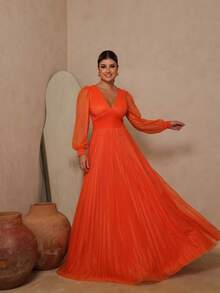Elegant Women's Long Dress With Long Sleeves And Pleats, Suitable For Bridesmaids, Bridesmaids, Mothers Of The Bride, Groomsmen, Weddings, Graduations, And Evangelical Fashion. - 橘色 - 查看 1