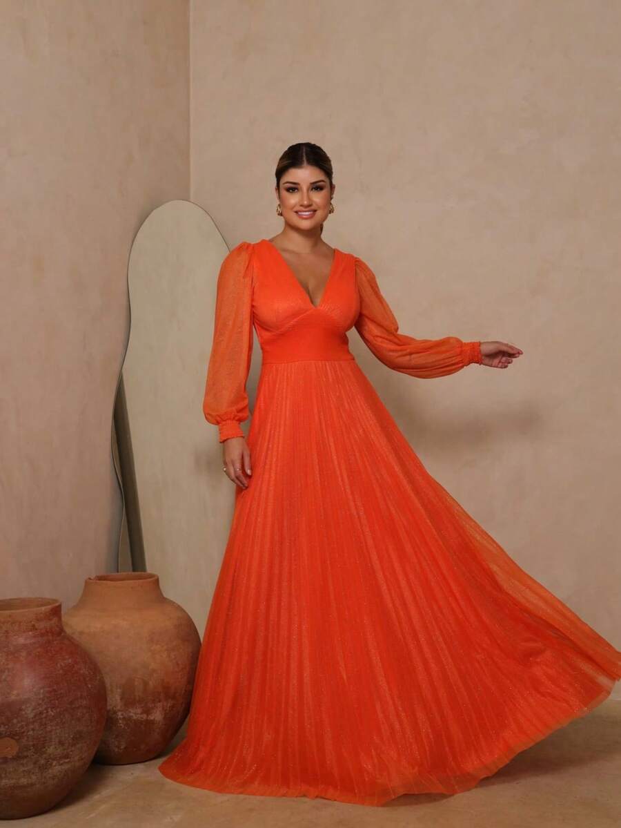 Elegant Women's Long Dress With Long Sleeves And Pleats, Suitable For Bridesmaids, Bridesmaids, Mothers Of The Bride, Groomsmen, Weddings, Graduations, And Evangelical Fashion. - 橘色 - 查看 1