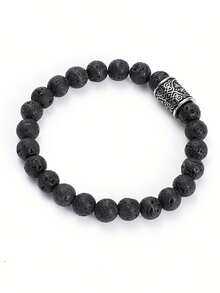 1pc Stone Beaded Viking Bead Elastic Bracelet - Black and White - View 10