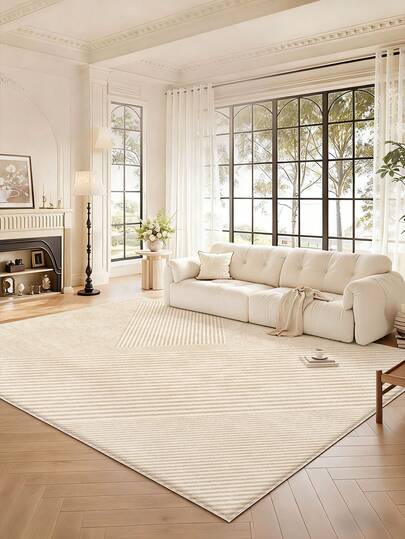 1pc Beige Minimalist Line Pattern Area Rug, Made Of Soft & Comfortable Material, Easy To Clean, Non-Slip Bottom Design, Suitable For Decoration In Living Room, Bedroom, Bathroom, Kitchen, Dining Room, Office, And Celebration Occasions