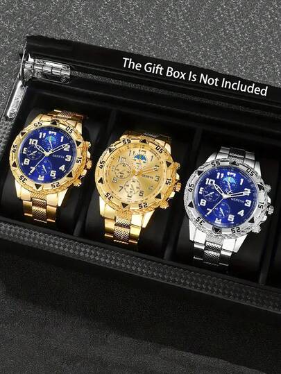 三件套男士奢华多功能石英腕表，包括金色表壳配蓝色表盘、金色表壳配金色表盘和银色表壳配蓝色表盘。每款腕表均配备纹理丰富的多功能计时表盘，表壳细节尽显时尚格调。优雅稳重的设计适合搭配西装、商务会议、日常通勤等各种场合，轻松衬托男士的正式与精致优雅。