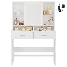 Devoko GUNJI Large Dressing Table With Mirror, White Dressing Table With LED Lighting, 3 Brightness Levels Adjustable, Dressing Table With Drawers, Open Shelves - White - View 11