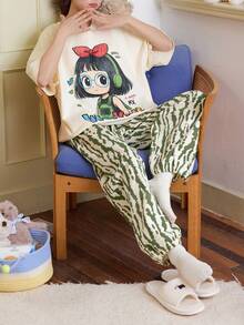 2pcs Women Cartoon Sleepwear Set, Moisture-Wicking Breathable Round Neck Short Sleeve Pants Pajamas - Apricot - View 5