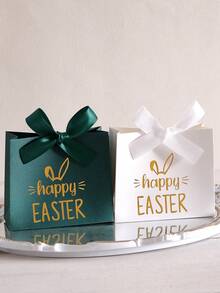 20 Packs Party Mini Gift Box With Satin Ribbons Designs Featuring Gold Foil Text Candy Box Easter Festival Paper Gift Bag Present Boxes Packing - Square Bunny Ears Happy Easter - View 2