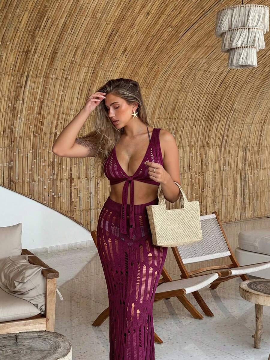 2026 Spring/Summer New Women's Burgundy Lace-Up V-Neck Top With Pencil Skirt Knit 2-Piece Set, Tight Sexy Hollow See-Through Outfit, Made Of Knit Fabric, Sexy Elegant Bohemian Style, Suitable For Music Festivals, Pool Parties, Beach Vacations, Dates, Summer Getaways - Burgundy - View 1