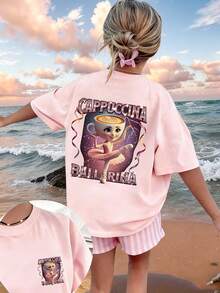 Tween Girl Graphic Print Crew Neck T-Shirt, Summer Top - Pink - View 3