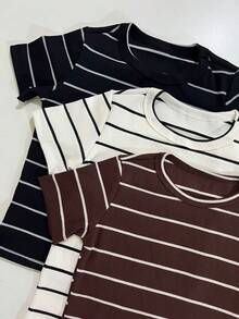 Women's Ribbed Cotton Striped Basic Two-Tone T-Shirt - Casual Autumn/Winter/Summer American Style - YELLOW STRIPED - View 4