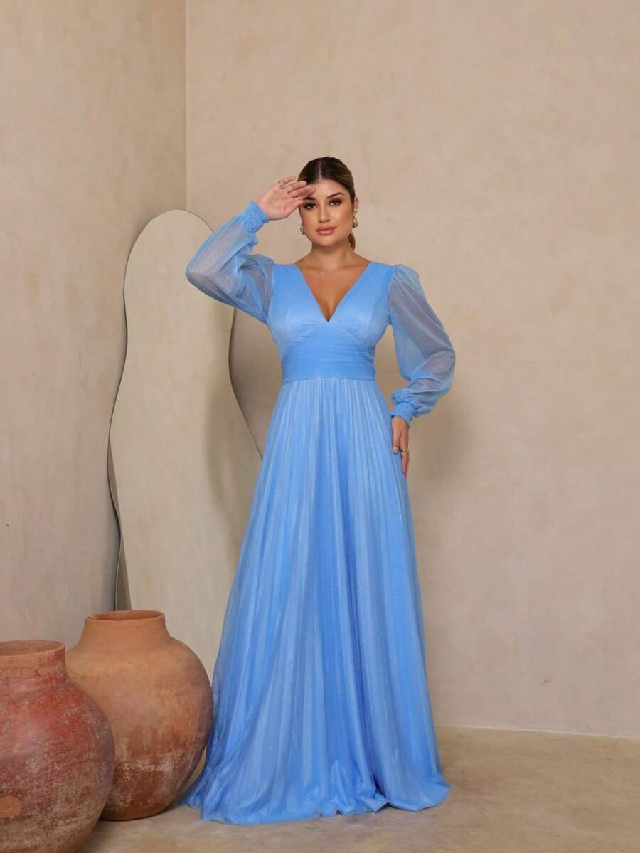 Elegant Women's Long Dress With Long Sleeves And Pleats, Suitable For Bridesmaids, Bridesmaids, Mothers Of The Bride, Groomsmen, Weddings, Graduations, And Evangelical Fashion. - 寧靜藍 - 查看 1