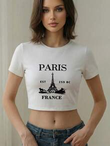 T-shirt décontracté à manches courtes pour femmes avec logo vintage de la Tour Eiffel de Paris, France. Col rond, coupe courte, idéal pour le printemps, l'automne et l'été. Parfait pour la Saint-Valentin ou la rentrée scolaire. Couleur: blanc - Blanc - Voir 2